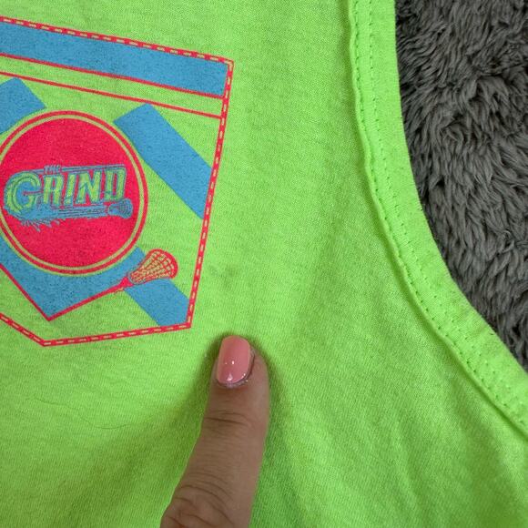 The Grind Lacrosse Tank Top Tee Neon Green Fruit of the Loom Heavy Cotton HD S - Picture 3 of 6
